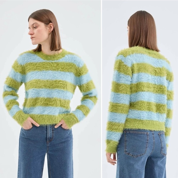 Compania Fantastica NWT Textured Knit Sweater Small lime green blue fuzzy stripe - Picture 1 of 13